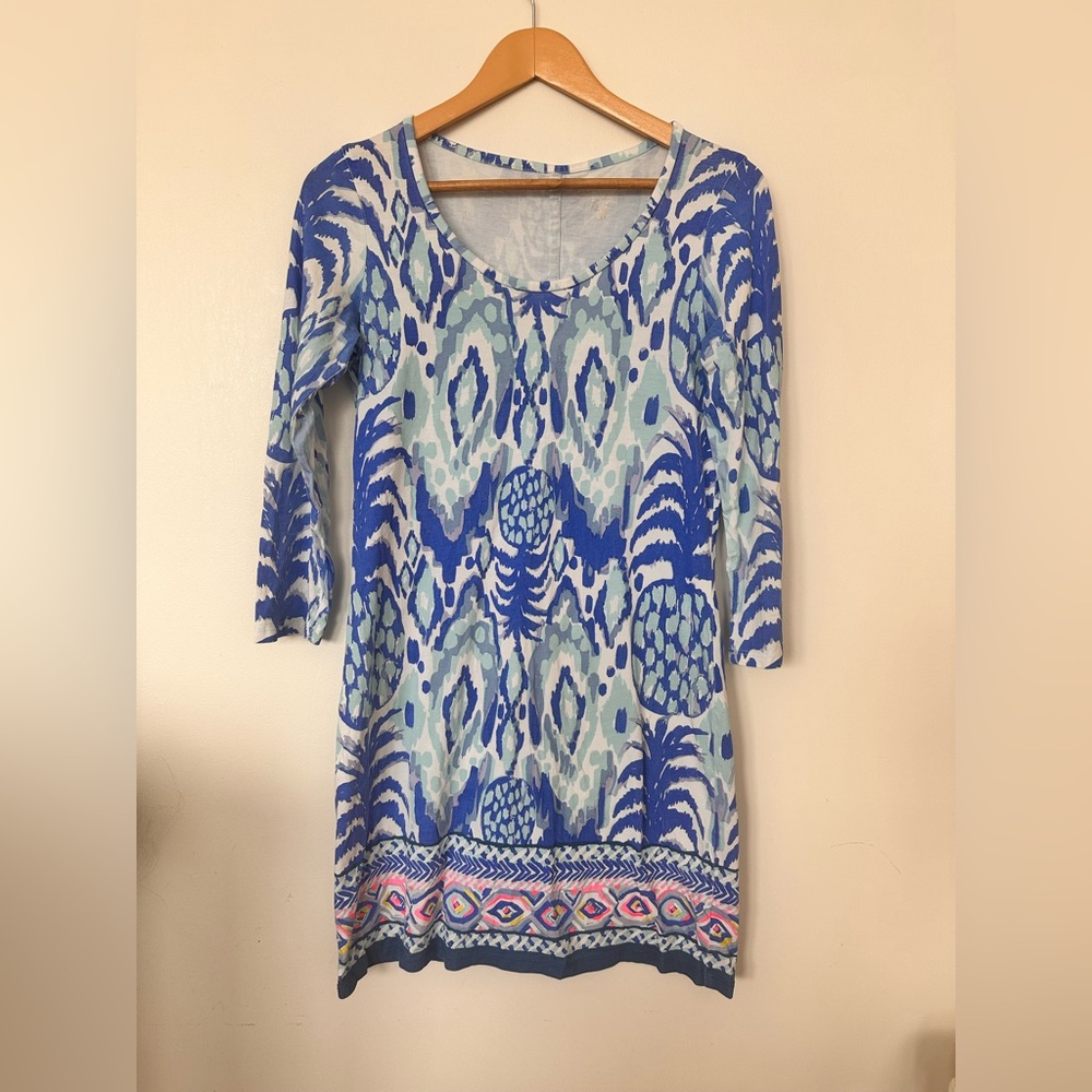 Lilly Pulitzer Pima Cotton Dress – Blue & Aqua “Pineapple Ikat” Print – Size S
